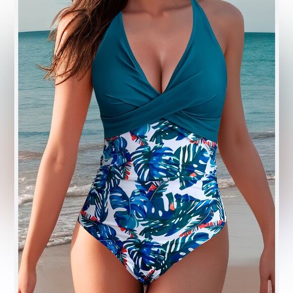 Unbranded Women's 2XL Blue Tropical Halter Neck Style One Piece Swimsuit - Picture 1 of 4